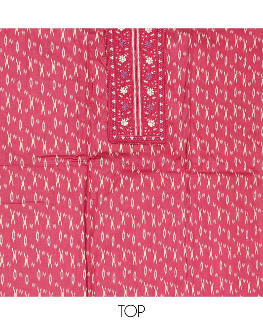 Pink Material Chudidar Set, Adorned with Ikkat-Style Buttas Printed and Neck Embroidery Cotton Top, Complemented by Contrast Printed Cotton Bottom, and Paired with Ikkat-Style Printed Cotton Dupatta