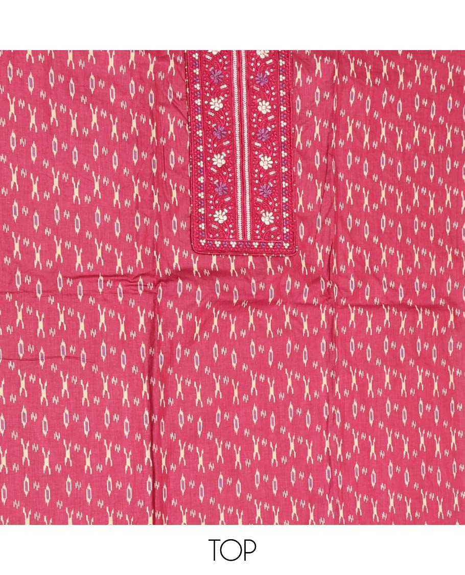 Pink Material Chudidar Set, Adorned with Ikkat-Style Buttas Printed and Neck Embroidery Cotton Top, Complemented by Contrast Printed Cotton Bottom, and Paired with Ikkat-Style Printed Cotton Dupatta