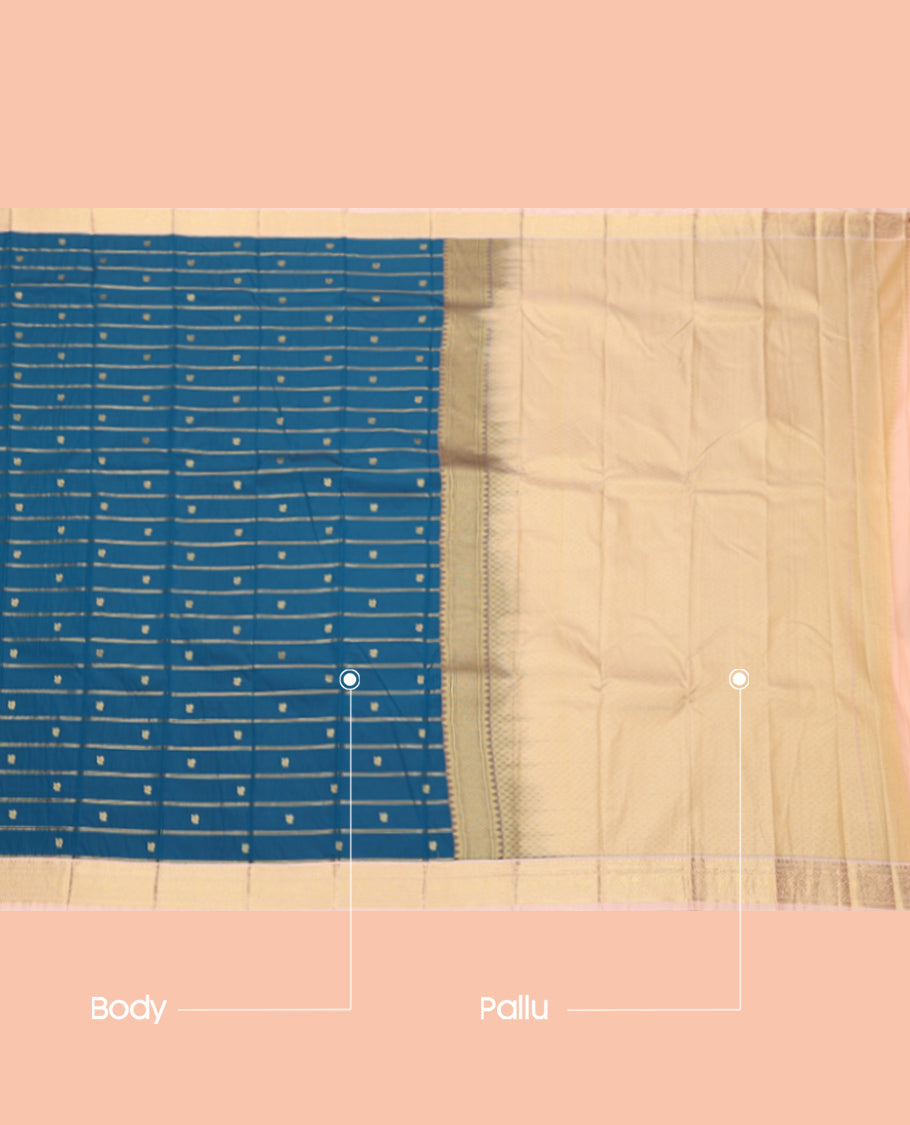 Blue Budget Silk Saree, Subtly Enriched with Peacock Buttas and Stripes, Complemented by a Contrast Traditional Zari Border, Jaal Pallu, and a Contrast Blouse