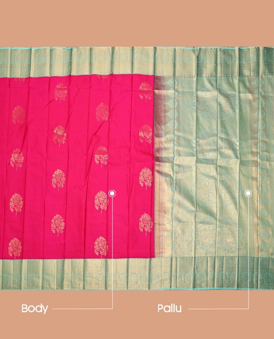 Rani Pink Budget Silk Saree, Crafted with Zari Buttas, Complemented by a Contrast Traditional Zari Border, Intricate Pallu, and a Contrast Blouse
