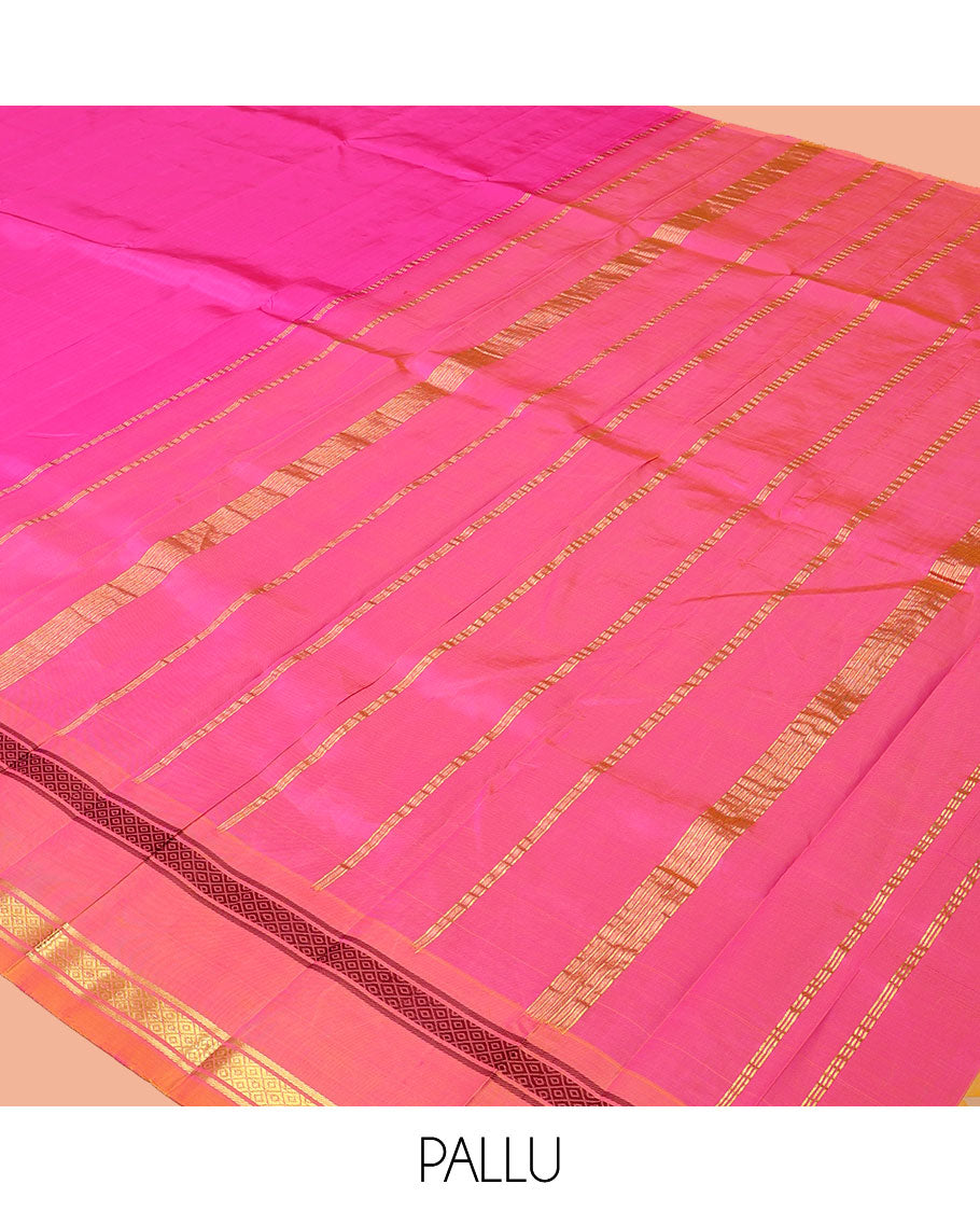 Pink Plain Kanchipuram Silk Saree, a Contrast One-Sided Rettai Pettu Border of Panner Sombu, Banaras, and Mayil Kann Designs, a Zari Design Pallu, and No Blouse
