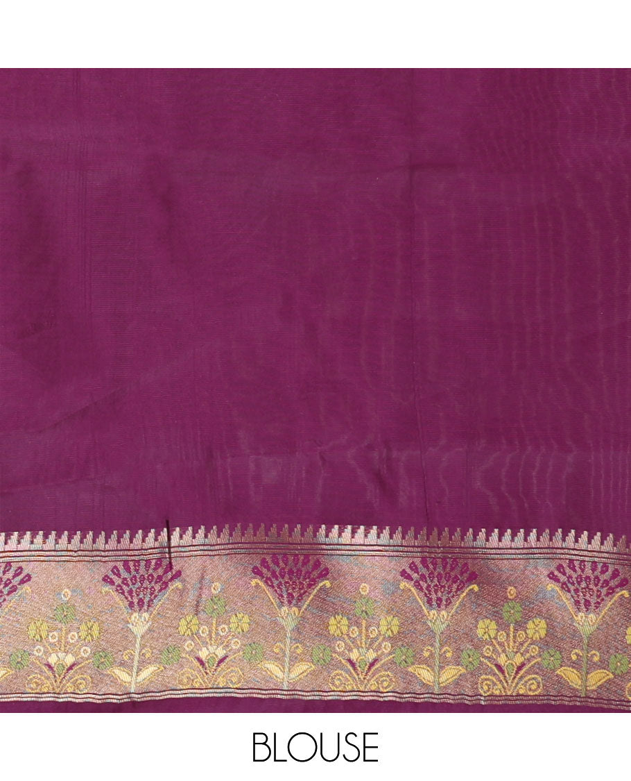 Mustard copper zari weaving litchi silk saree with contrast meena butta border & meena style design pallu along with contrast blouse