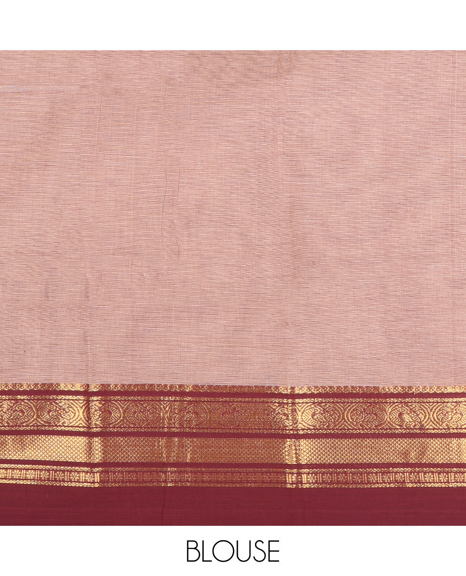 Pale Brown Plain Chettinad Cotton Saree, Complemented by Contrast Traditional Zari Design Kal Eragina Border of Paisleys, Striped Pallu, and Paired with Matching Blouse