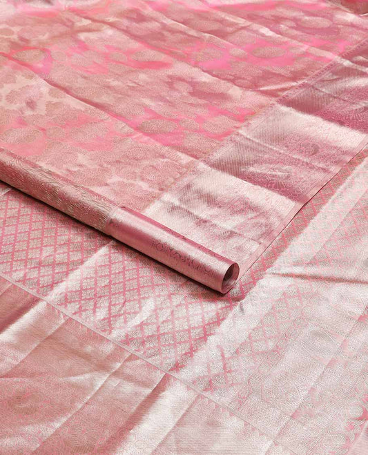 Pink floral design kancheepuram tissue silk saree with self border of intricate zari design & argyle design pallu