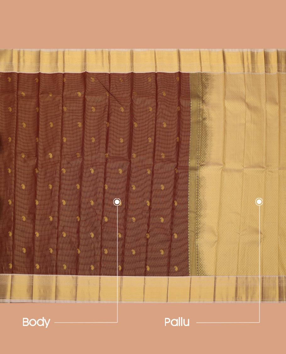 Brown Budget Silk Saree, Prettified with Zari Butta Enclosed Checks On Its Body, Complemented by Contrast Traditional Zari Designs Woven Border, Gleaming Zari Pallu and Paired with a Contrast Blouse