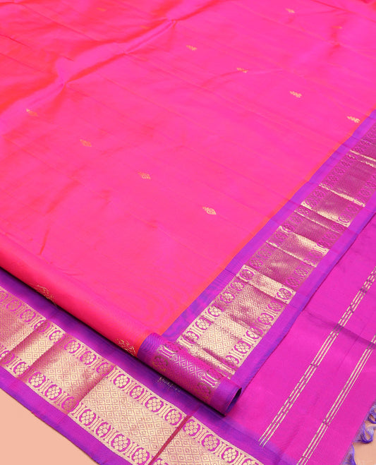 Pink Kanchipuram Silk Saree, Delicately Woven with Zari Buttas, a Contrast One-Sided Border of Banaras, Kamalam,  and Mayil Kann, Zari Design Pallu, and No Blouse