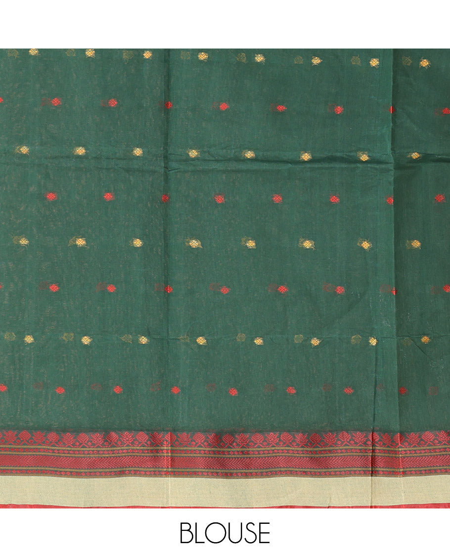 Green Bengal Cotton Saree, Accentuated with Thread Buttas, a Contrast Traditional Design Border, Pallu of Stripes, and Buttas, and a Matching Blouse