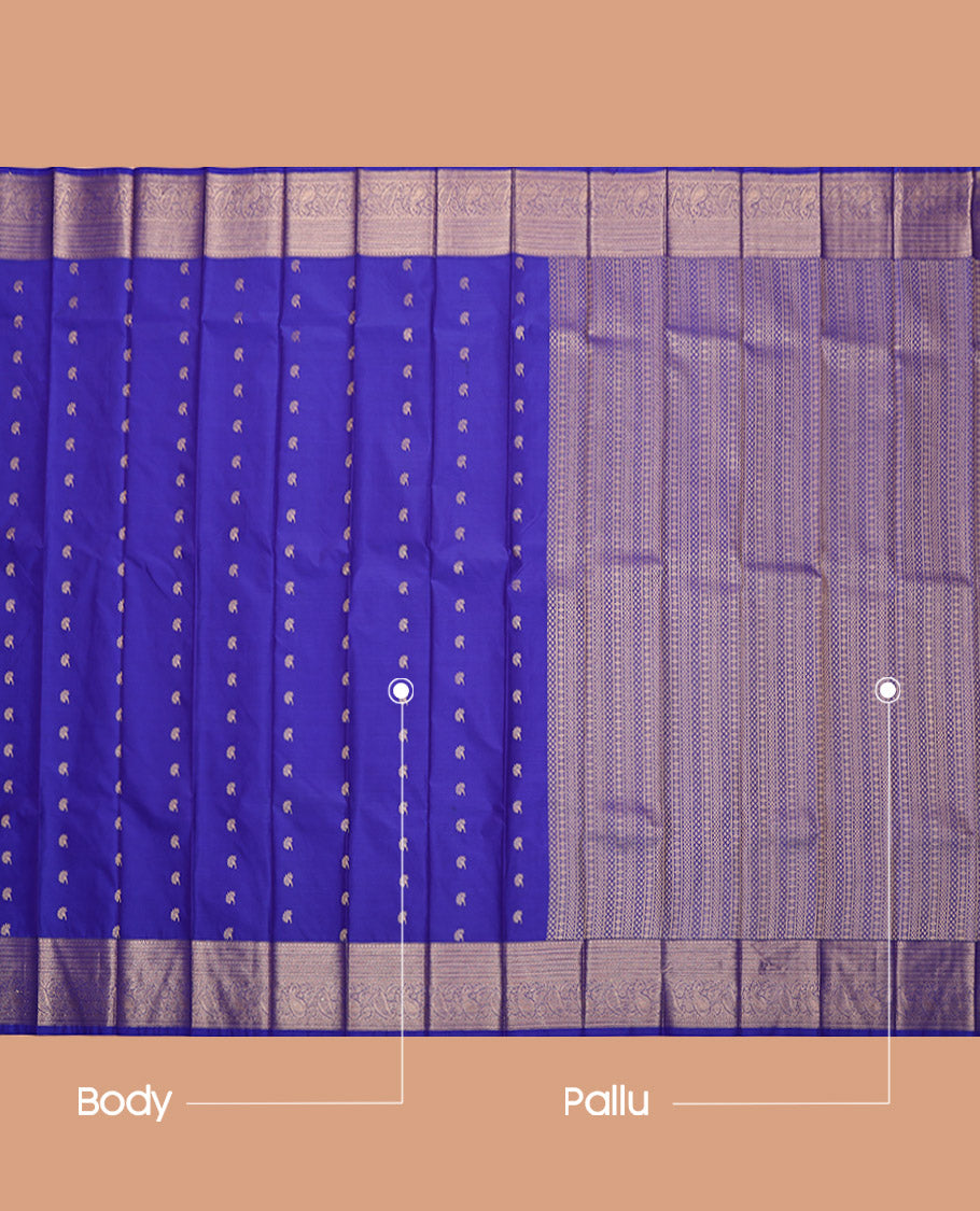 Blue Budget Silk Saree, Adorned with Zari Buttas, Highlighted by a Traditional Zari Border, Geometric Pallu, and a Matching Blouse