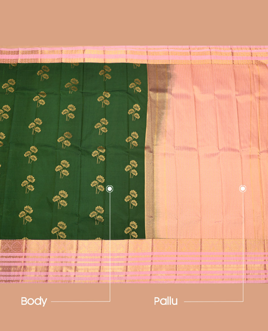 Green Budget Silk Saree, Artfully Detailed with Zari Buttas, Complemented by a Contrast Traditional Zari Border, Grand Pallu, and a Contrast Blouse
