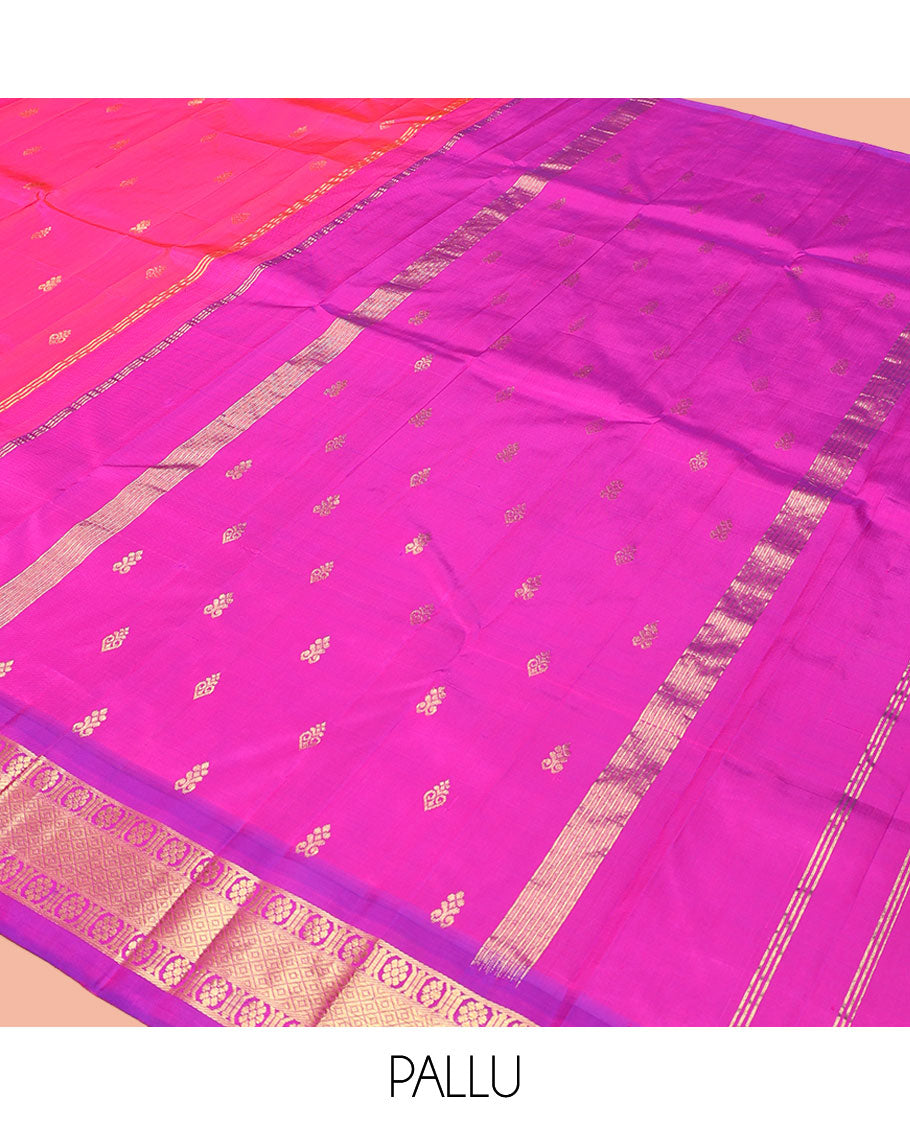 Pink Kanchipuram Silk Saree, Delicately Woven with Zari Buttas, a Contrast One-Sided Border of Banaras, Kamalam,  and Mayil Kann, Zari Design Pallu, and No Blouse