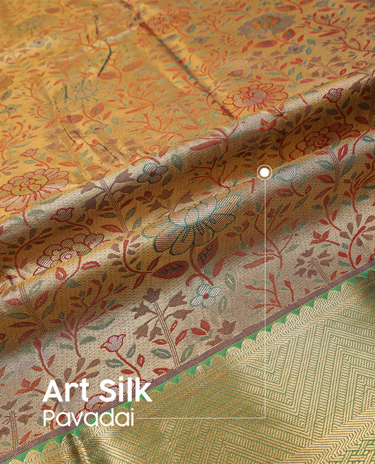 Sandal art silk pavadai material set, floral meenakari jacquard pavadai, contrast olive green blouse & traditional zari border