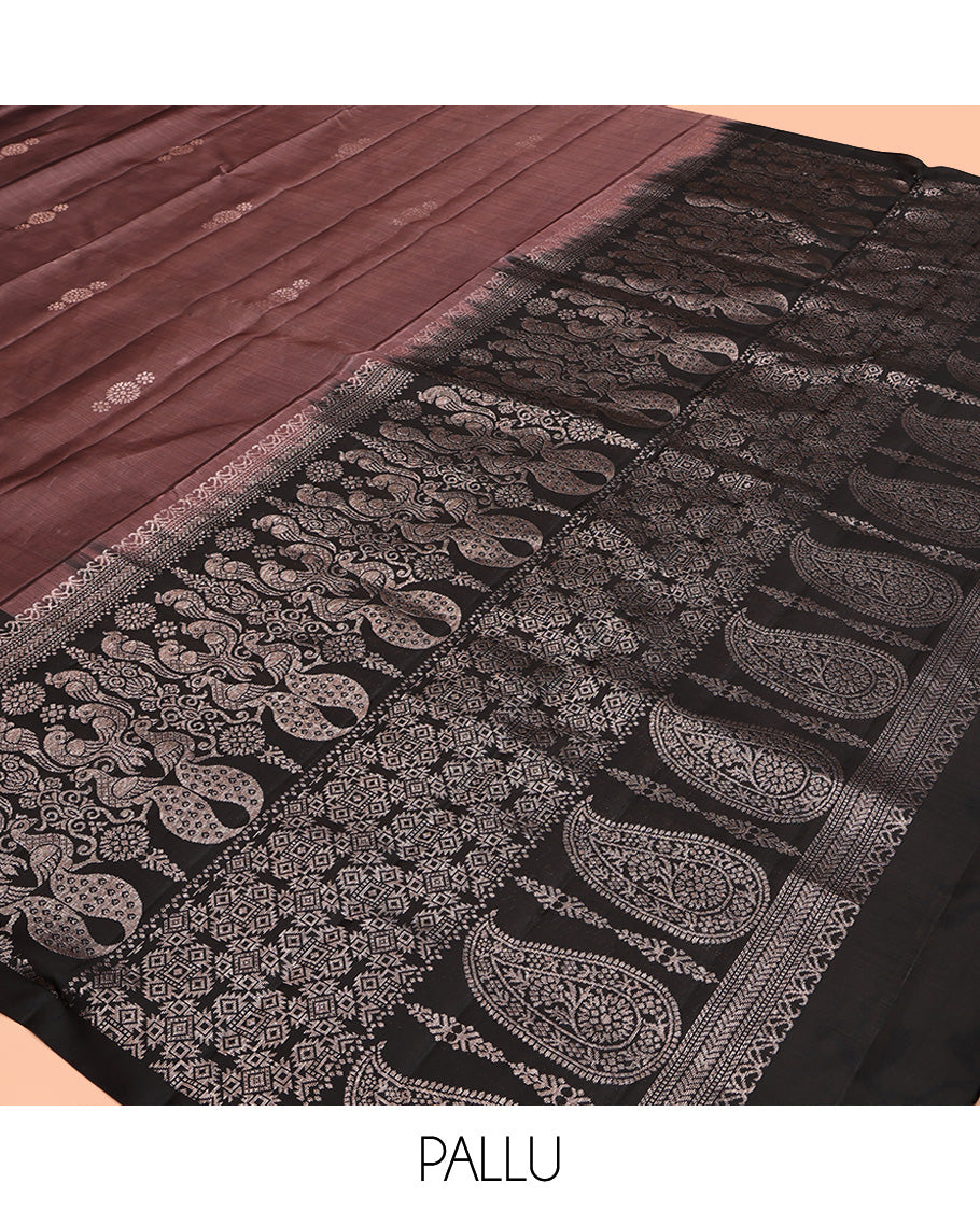 Brown Mayuri Soft Silk Saree, Bedecked with Zari Buttas All Over Its Body, Complemented by Contrast Border of Mayil and Manga Designs, Intricate Pallu and Paired with a Contrast Blouse