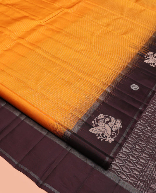 Yellow Kanchipuram Silk Saree, Subtly Sparkled with Stripes, Complemented by Contrast Border of Humming Bird Motifs, Grand Jaal Pallu, and Contrast Blouse