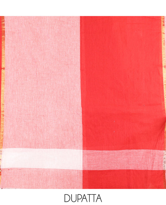 White Red Handloom Cotton Material Chudidar Set Featuring Butta Enclosed Checked Top, Heathered Bottom, and Dual-Color Dupatta