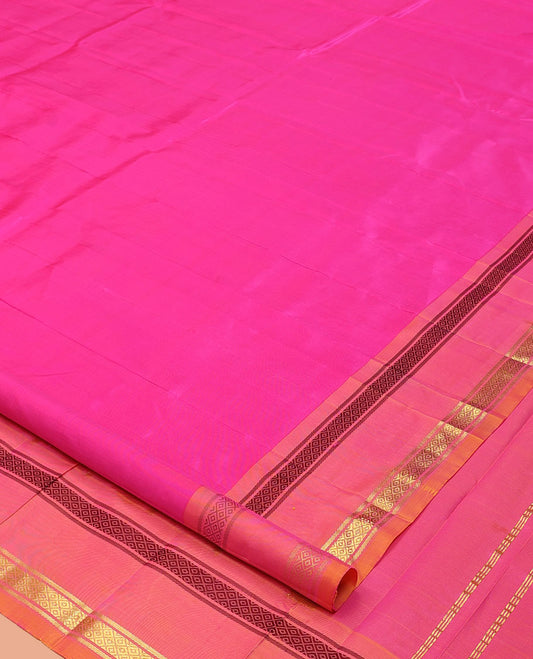 Pink Plain Kanchipuram Silk Saree, a Contrast One-Sided Rettai Pettu Border of Panner Sombu, Banaras, and Mayil Kann Designs, a Zari Design Pallu, and No Blouse