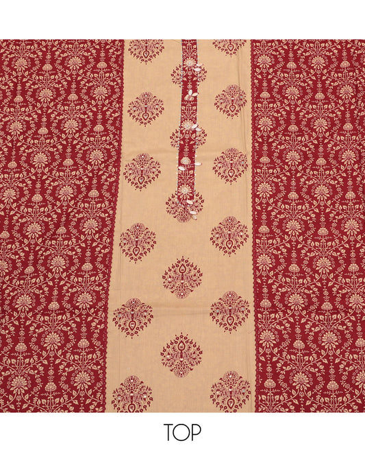 Sandal Material Churidar Set, Detailed with Unique Motif Print and Neck Work Cotton Top, Printed Bottom, and Sandal-Red Printed Chiffon Dupatta