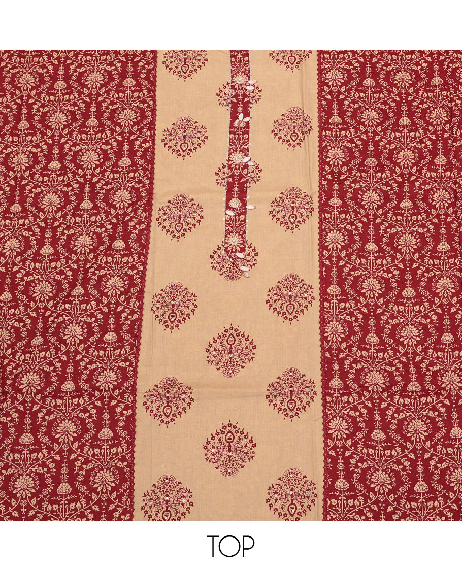 Sandal Material Churidar Set, Detailed with Unique Motif Print and Neck Work Cotton Top, Printed Bottom, and Sandal-Red Printed Chiffon Dupatta