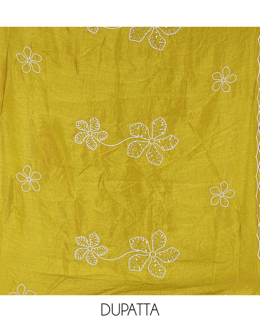 Mehendi Green Material Chudidar Set, Delicately Woven with Floral Thread Embroidered Mul Chanderi Top, a Mul Chanderi Bottom, Paired with Floral Thread-Embroidered Mul Chanderi Dupatta