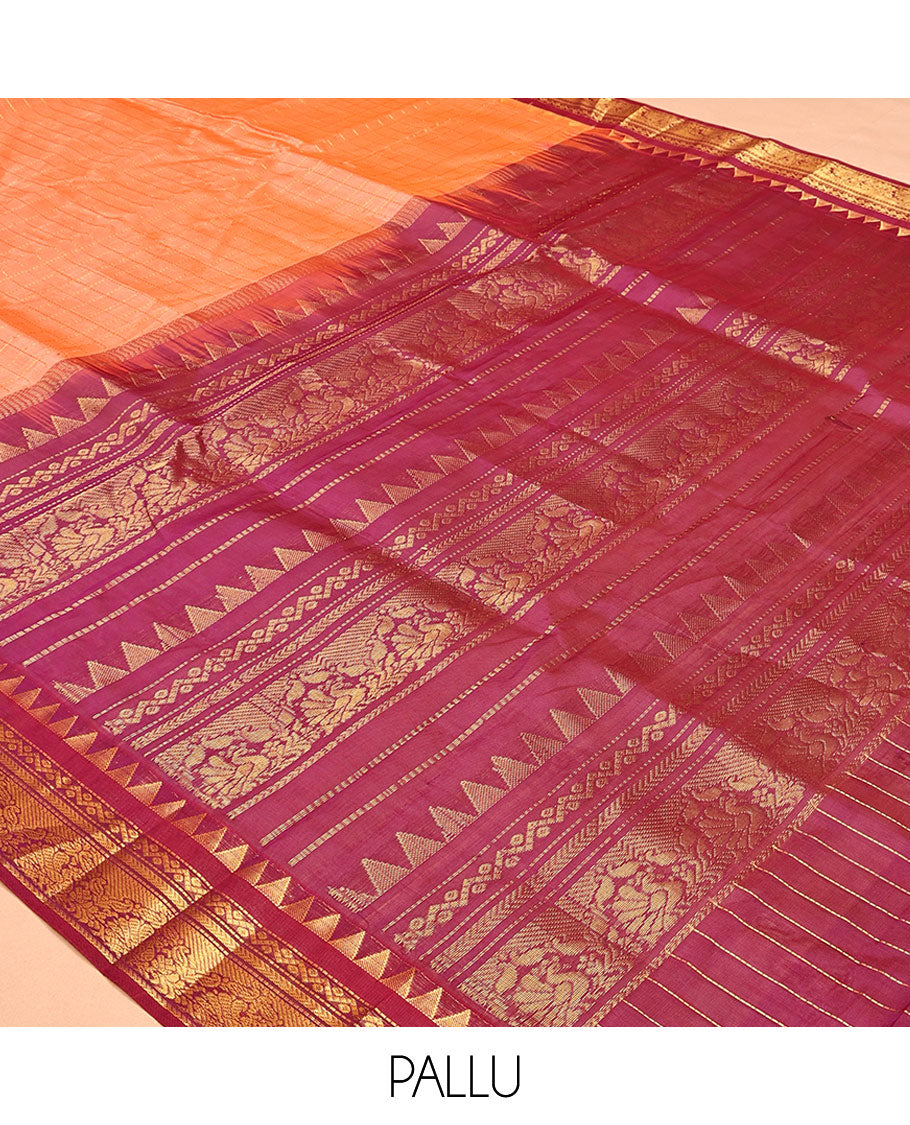Peach Zari Checked Kuppadam Silk Saree, a Contrast Traditional Temple Border, Grand Pallu, a Contrast Blouse
