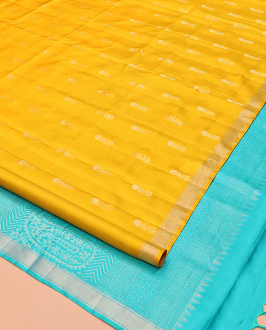 Yellow Mayuri Soft Silk Saree, Subtly Sparkled With Zari Buttas All Over Its Body, Complemented by Contrast Pallu of Intricate Designs, and Paired with a Contrast Blouse