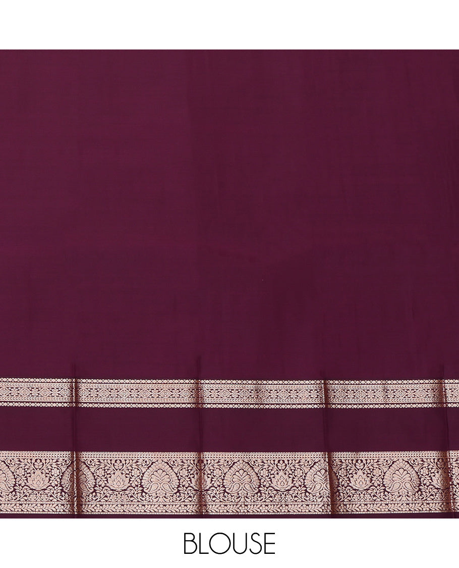 Orange Budget Silk Saree, Gleamed Up with Zari Buttas, Complemented by a Contrast Traditional Zari Rettai Pettu Border, Grand Pallu, and a Contrast Blouse