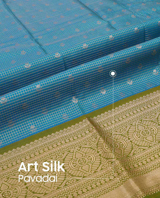 Blue checked, floral design art silk pavadai material with contrast zari design border & checked design blouse