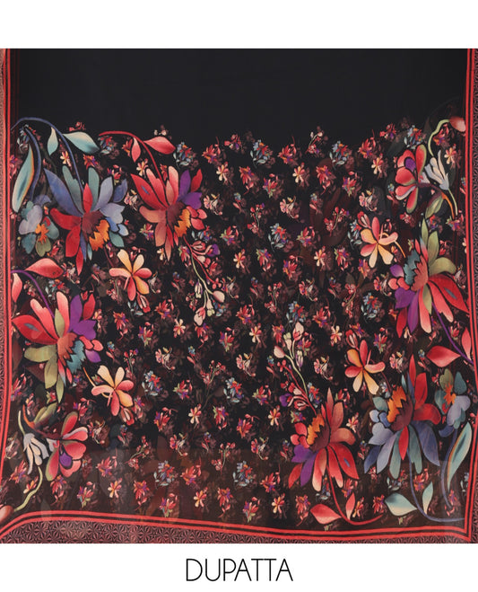 Black Italian Crepe Material Chudidar Set, Features Floral Motifs Top, a Plain Bottom, and Paired with a Kaleidoscopic-Colored, Floral-Printed Georgette Dupatta
