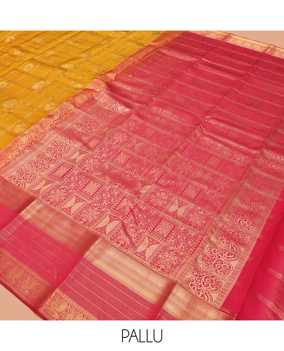 Yellow Vasundhara Lite-Silk Mix Saree, Delicately Woven with Zari Butta Enclosed Checks, Contrast Mayil Design Border, Grand Pallu, and a Contrast Blouse