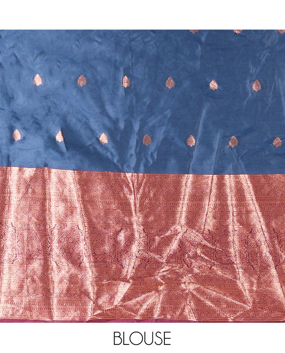 Blue-Magenta Semi-Banarasi Half-Saree Features Zari Buttas Skirt, a Contrast Traditional Zari Border, a Matching Blouse, and a Contrast Satin Georgette Dhavani