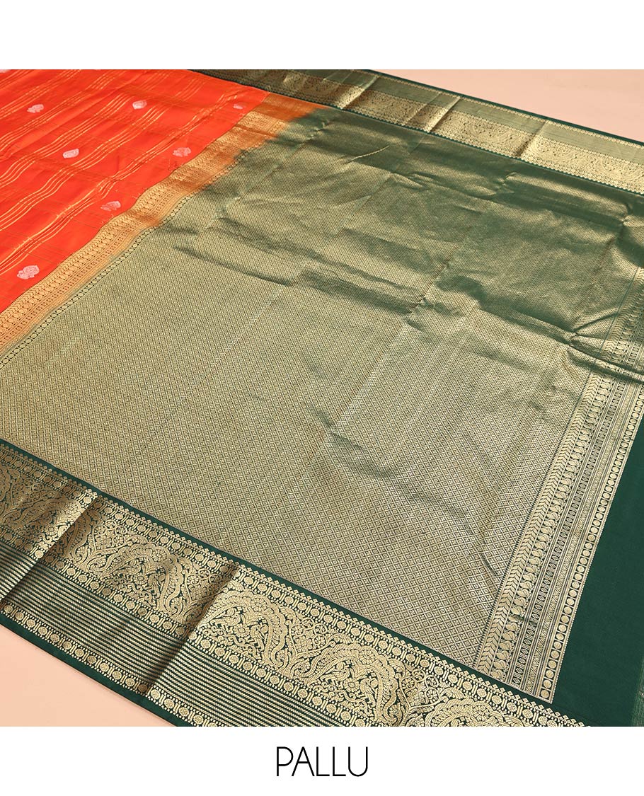 Orange Vasundhara Silk Saree Showcasing Zari Butta Enclosed Checks, Contrast Border of Muthu, Mayil, Rudraksham, and Banaras Designs, Jaal Pallu, and Contrast Blouse