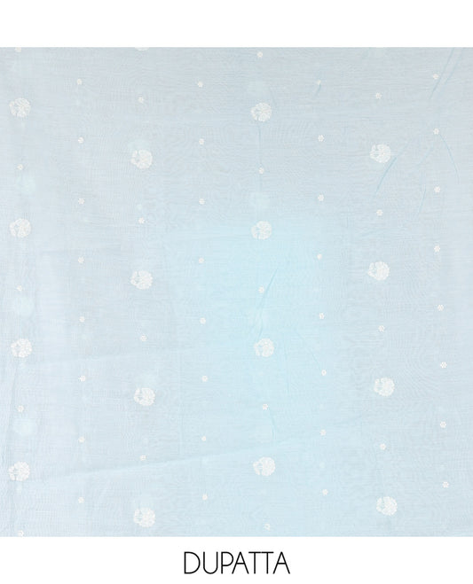 Sea Blue Mul Chanderi Material Chudidar, Lucknowi-Style Embroidery Top, a Santoon Bottom, Scallop Embroidered Dupatta