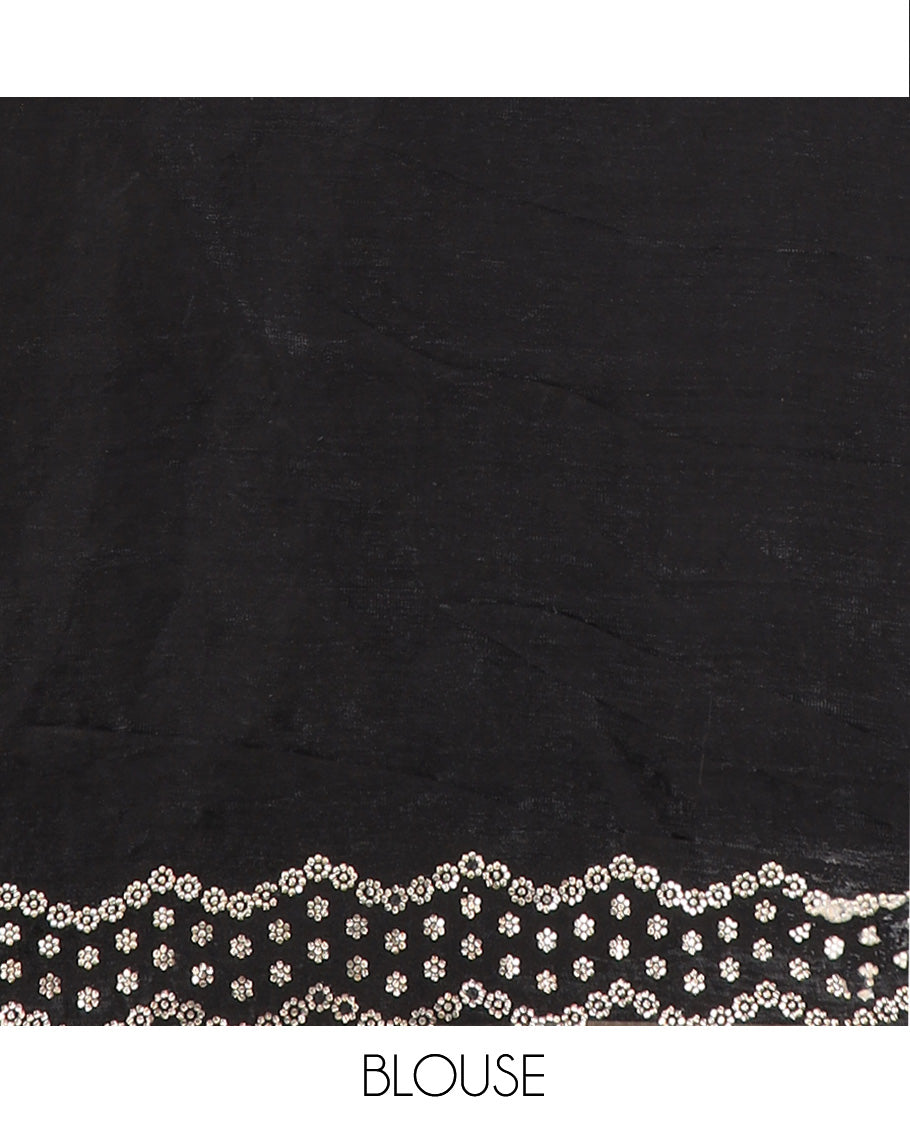 Black stone work designer saree, scallop floral motifs micro stone work border