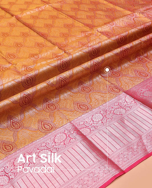 Gold Art Silk Pavadai Material Set Decorated with Jacquard Design on Its Skirt, Complemented by a Contrast Traditional Zari Design Border, and Paired with a Contrast Blouse