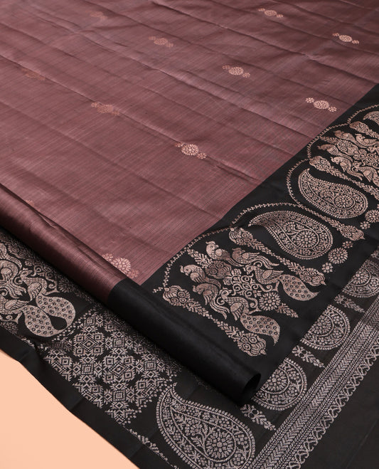 Brown Mayuri Soft Silk Saree, Bedecked with Zari Buttas All Over Its Body, Complemented by Contrast Border of Mayil and Manga Designs, Intricate Pallu and Paired with a Contrast Blouse
