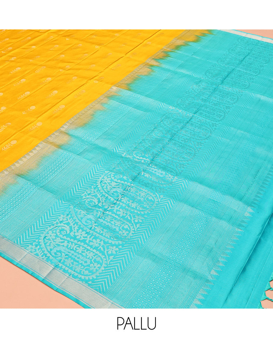 Yellow Mayuri Soft Silk Saree, Subtly Sparkled With Zari Buttas All Over Its Body, Complemented by Contrast Pallu of Intricate Designs, and Paired with a Contrast Blouse