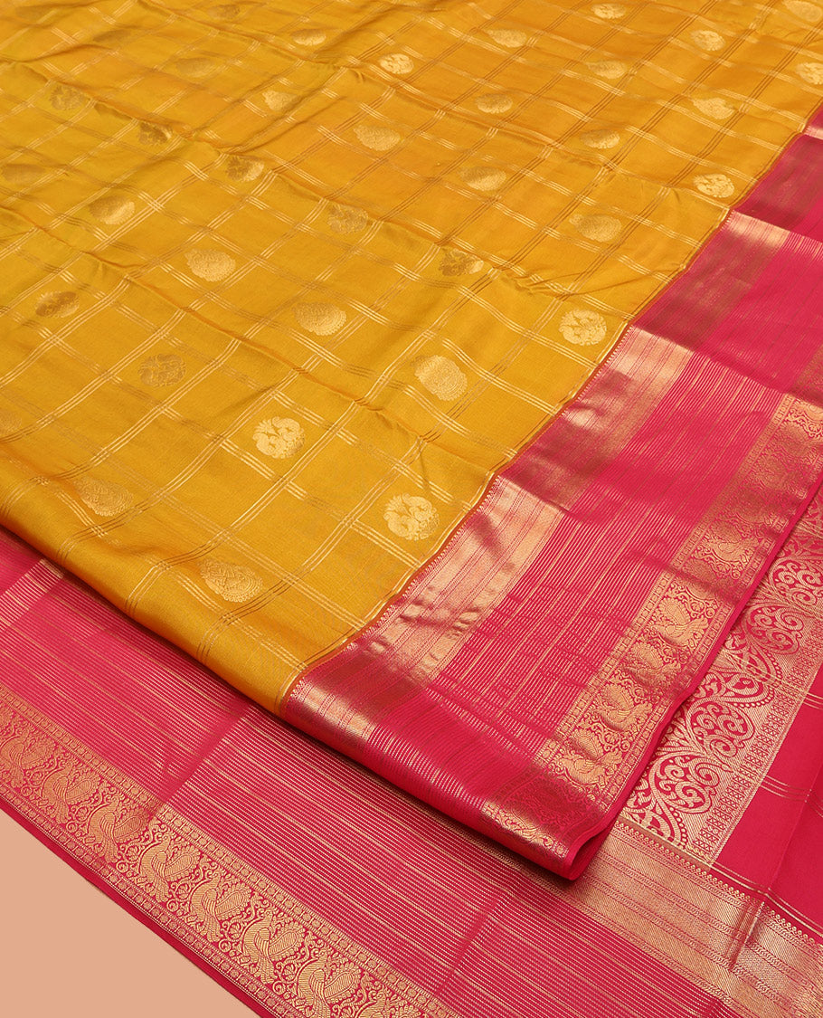 Yellow Vasundhara Lite-Silk Mix Saree, Delicately Woven with Zari Butta Enclosed Checks, Contrast Mayil Design Border, Grand Pallu, and a Contrast Blouse