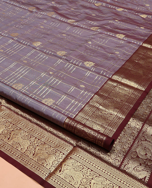Grey Venkatagiri Silk Saree, Enriched with Zari Buttas Enclosed Checked Design on Its Body, Complemented by a Contrast Traditional Zari Border of Yaali Designs, Pallu of Jaal Designs, and Paired with a Contrast Blouse