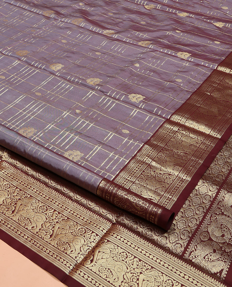 Grey Venkatagiri Silk Saree, Enriched with Zari Buttas Enclosed Checked Design on Its Body, Complemented by a Contrast Traditional Zari Border of Yaali Designs, Pallu of Jaal Designs, and Paired with a Contrast Blouse
