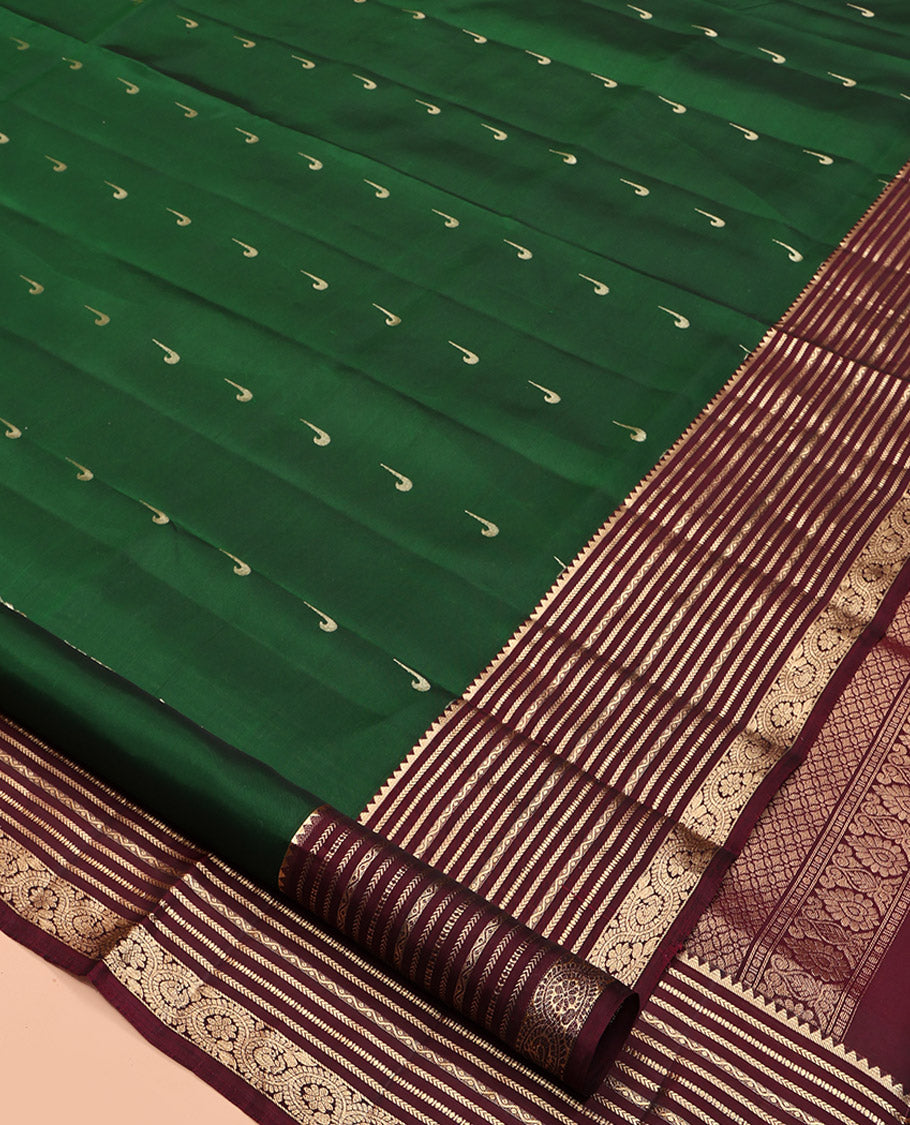 Green Mayuri Lite Silk Mix Saree, Delicately Woven with Muniya Buttas, Contrast Border of Rekku, Kathir, Neli, and Dhavana Kodi, Pallu of Jaal Designs, and Contrast Blouse