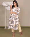 Beige Floral-Printed Below-The-Knee-Length Cotton Kurti Features a V-Neckline, 3/4 Sleeves, and a Straight-Cut Length