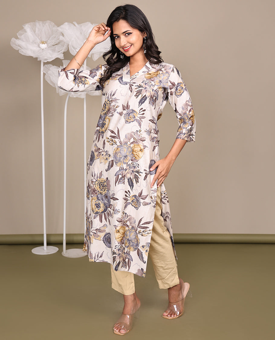 Beige Floral-Printed Below-The-Knee-Length Cotton Kurti Features a V-Neckline, 3/4 Sleeves, and a Straight-Cut Length
