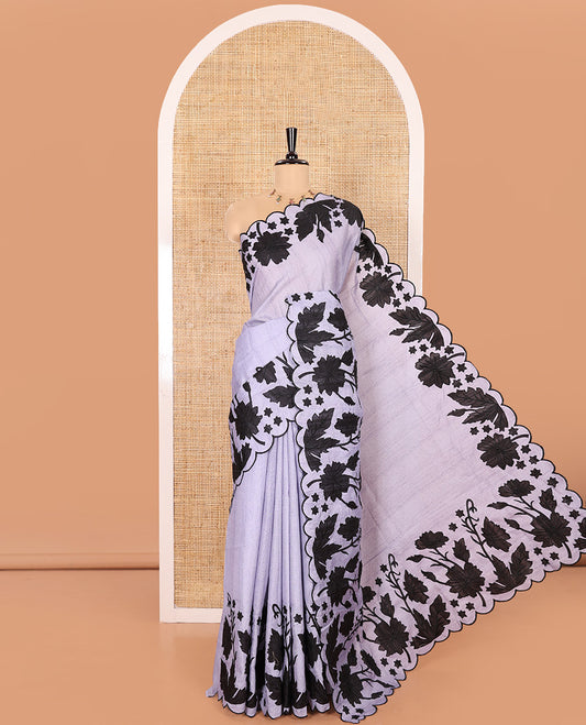 Lavender Plain Fancy Kota Silk Saree Mesmerized with Floral Applique Embroidered Scallop Border, Applique Embroidered Pallu, and a Matching Blouse