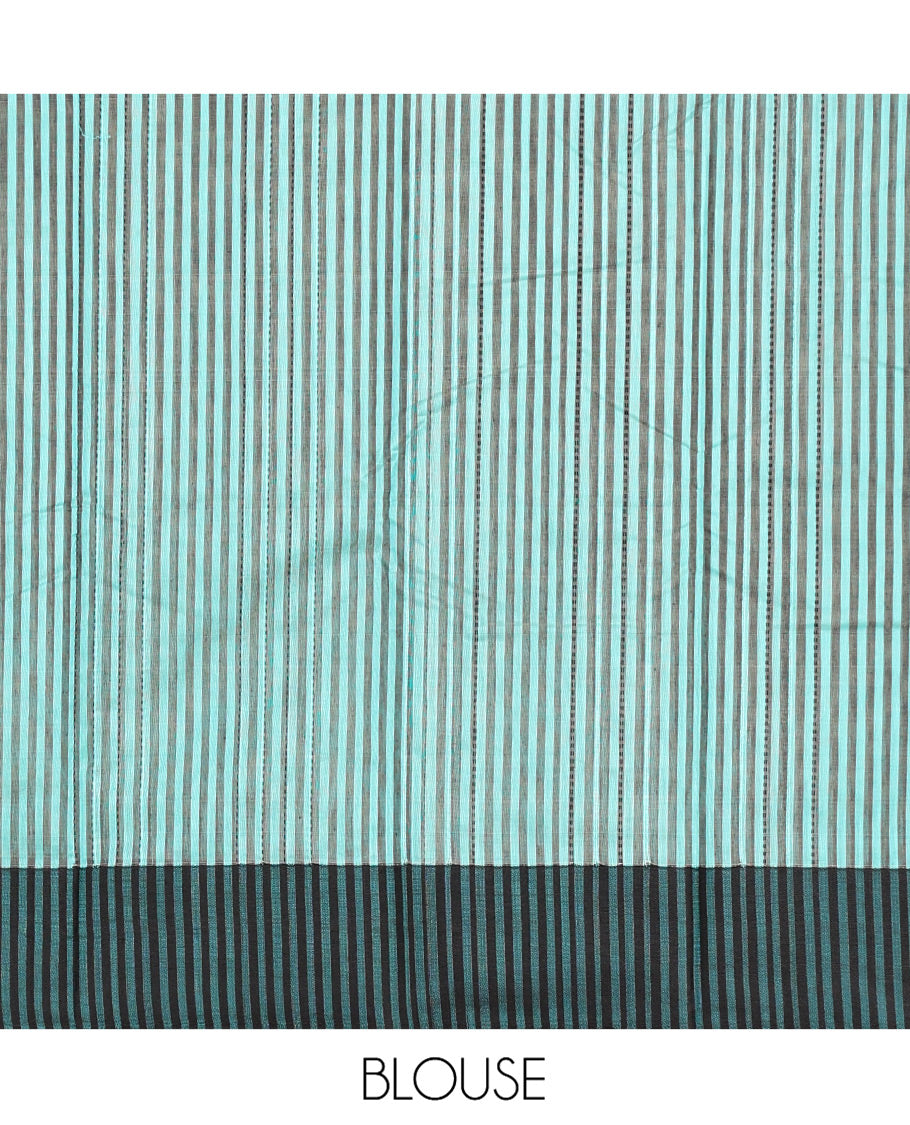 Blue Striped Semi-Silk Cotton Saree, Complemented by a Contrast Border, Pallu Steeped with Stripes, and Paired with a Matching Blouse