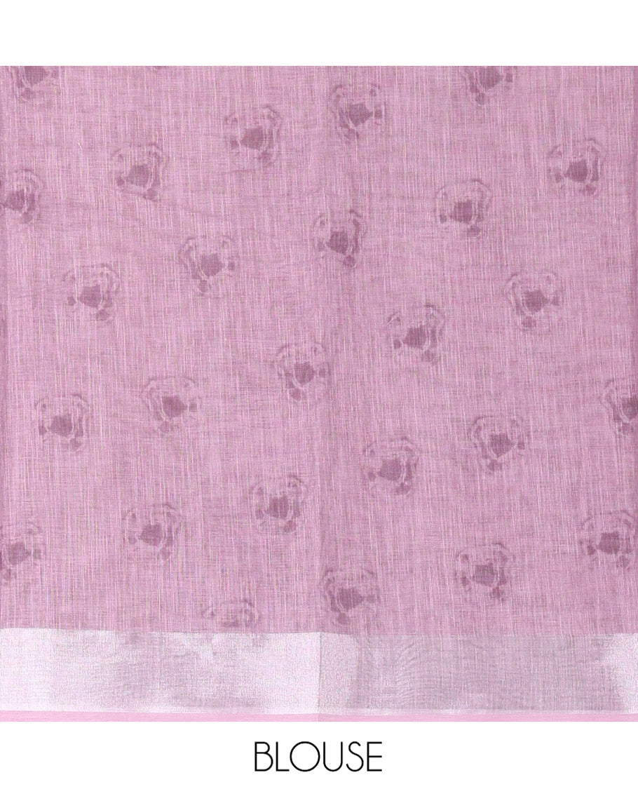 Chikku-Light Lavender Linen Cotton Saree, Adorned With Ombre-style Dye Print, a Subtle Zari Border, Bold Shibori-Printed Pallu, and a Printed Blouse