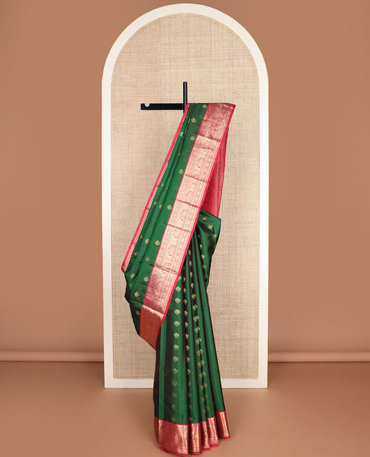 Green zari buttas vasundhara silk mix saree, contrast chakram pallu & border of rekku, diamond,jada nagam & maan designs