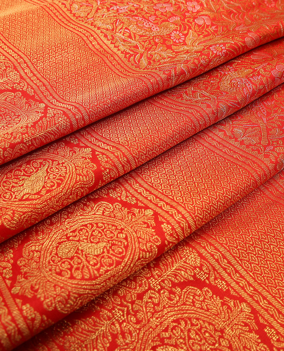Red jacquard silk saree, zari border of rekku,rettai neli,jaal,kodi visiry,round yaanai & round mayil & intricate pallu