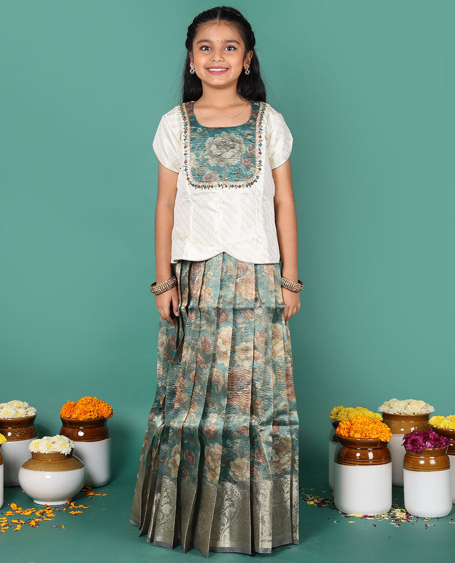 Blue readymade art silk pavadai, floral print & zari border skirt & jacquard embroidered round neck half-sleeve blouse