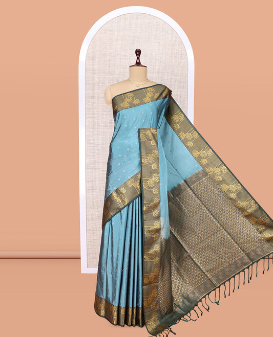 Blue Zari Floral Design Budget Silk Saree