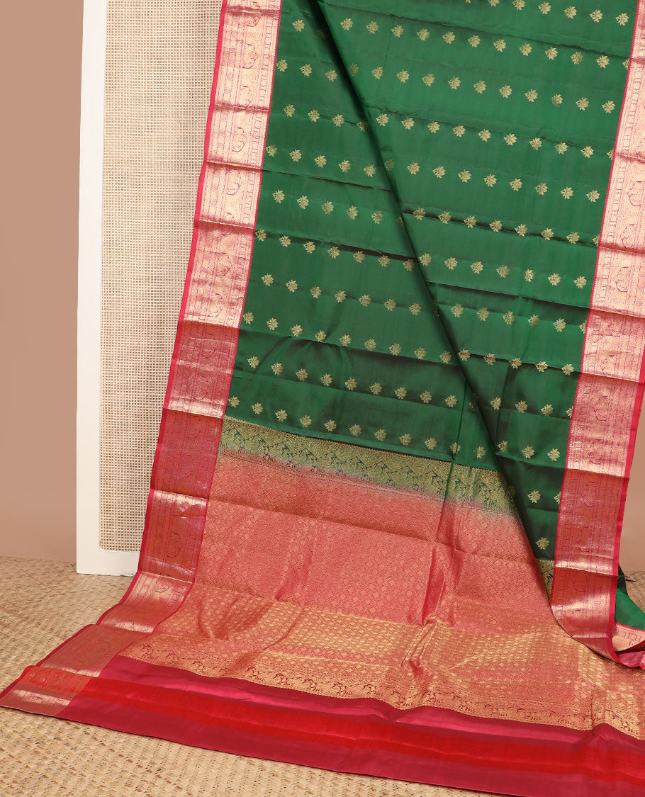 Green zari buttas vasundhara silk mix saree, contrast chakram pallu & border of rekku, diamond,jada nagam & maan designs