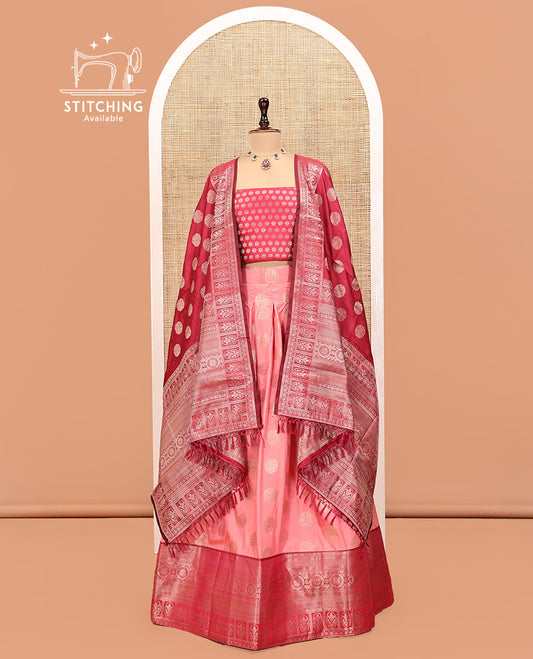 Pink Art Silk Half Saree, Detailed with Zari Buttas Skirt, Contrast Traditional Border, Jacquard Blouse, and a Contrast Banaras Dhavani